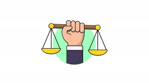 Animated Hand Holding Justice Scales in Flat Design Style