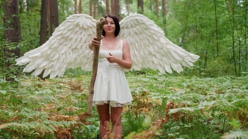 Une actrice aux ailes jouant Enchantement avec Gentle Smile in Forest