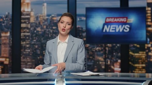 News Anchor at Desk in City Studio