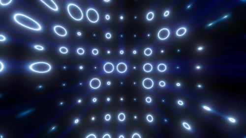 Glowing blue rings form a tunnel-like digital vortex with radiating light beams in a futuristic abst