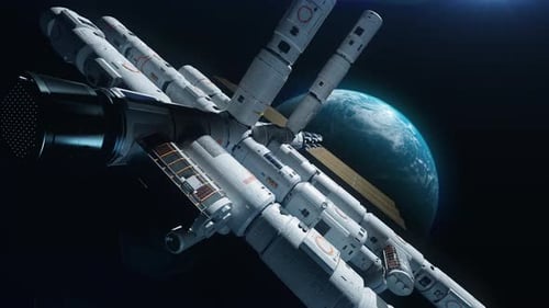 a modern space station in orbit of the earth. the concept of exploring the world and modern