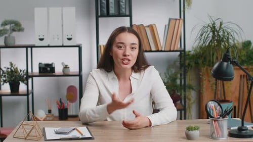 Businesswoman Working on Laptop at Office Talk on Online Communication Video Call with Employee Boss