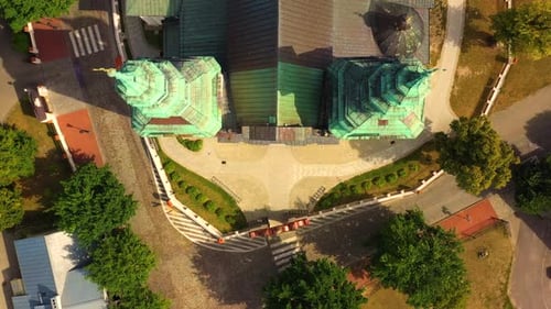 Top aerial panoramic view of Lowicz old town historical city centre with Rynek Market Square, Old To