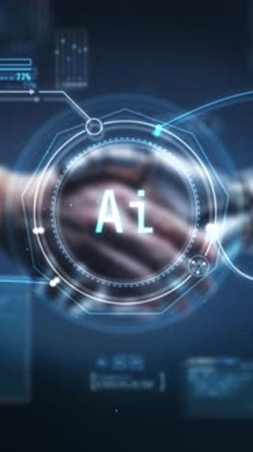 Businessman and Robot Shaking Hands Through Futuristic Hologram Interface