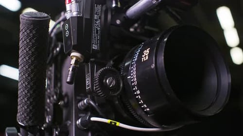 Modular professional cinema camera with sensor block separated from the body, high end cinema lens f