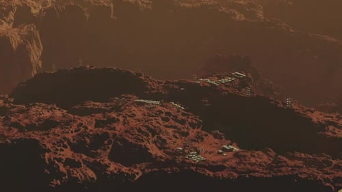 several Science Base modules among the Martian landscape