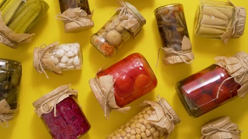 Assorted Preserved Vegetables and Mushrooms in Glass Jars
