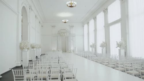 Wedding Hall Decoration in White Color Ready for Guests Beautiful Room for Ceremonies and Weddings