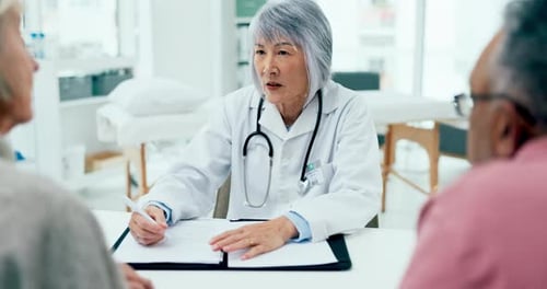 Woman, doctor and meeting couple with notes in clinic for assessment, test results