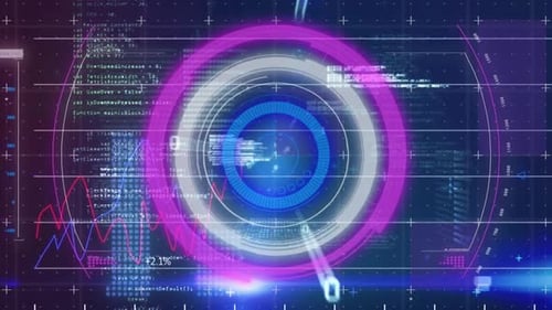 Digital animation of neon round scanner and data processing against financial data processing