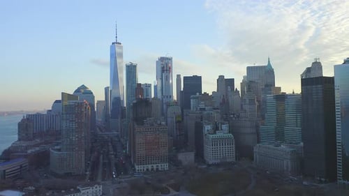 Footage shows New York Manhattan skyline on a cloudy morning. The city has a lot of modern high rise