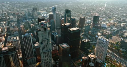 High-rise buildings towering above the downtown of Los Angeles, California, USA.