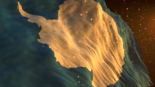 Animated Antarctica Map with Waving Flag Effect and Sparkling Particles