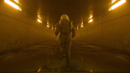 Astronauta en un túnel circular iluminado