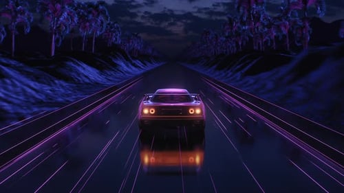 Loop Car and Background Neon Retro Wave 80s Style