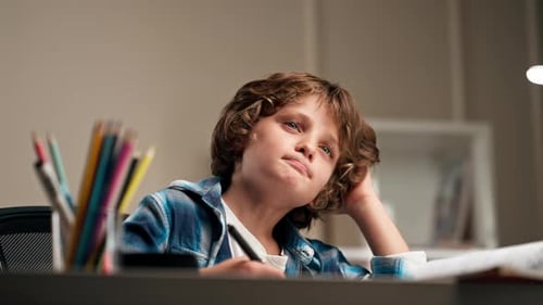 Close Up the Children's Room a Schoolboy in a White Sweater and a Blue Checkered Shirt at a Desk