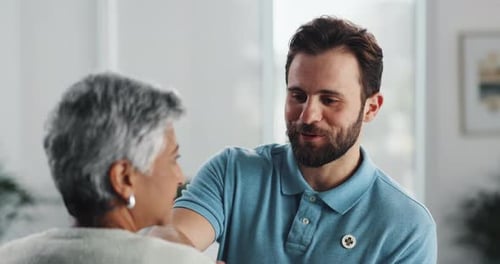 Clinic, senior care and physical therapy for patient, stretching and consultation for shoulder pain