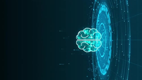 Blue digital brain logo with particle ring circle rotation and ai technology icon on futuristic