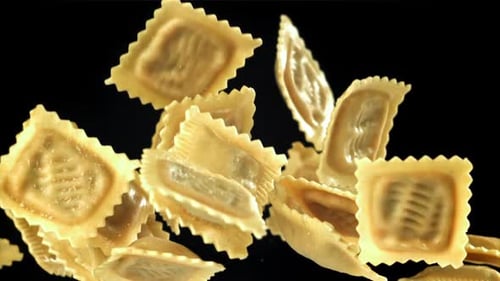 Ravioli Fly Up and Fall Down Filmed on a Highspeed Camera at 1000 Fps