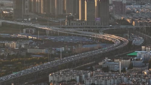 Aerial view of traffic on a highway overpass, China.