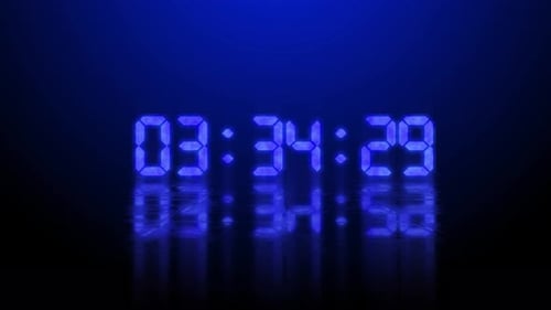 Mesmerizing Blue Digital Countdown Clock in Reflective Darkness at Dawn.
