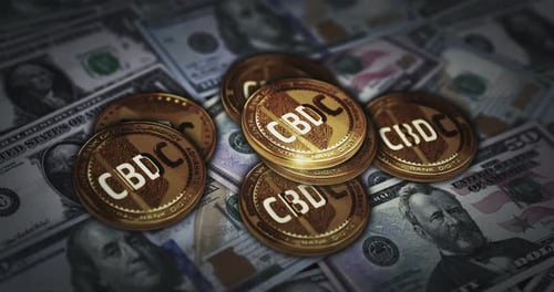 Moneda criptográfica CBDC Digital Currency sobre billetes de dólar