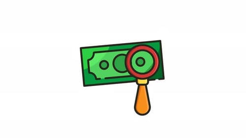 Animation of a magnifying glass icon looping over a bill of money.