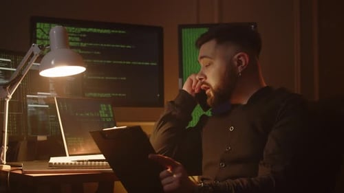 Video of a Man Holding a Clipboard and Talking on the Phone A Programmer is Discussing the Details