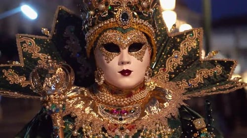 Woman in Elaborate Mask and Costume at Night