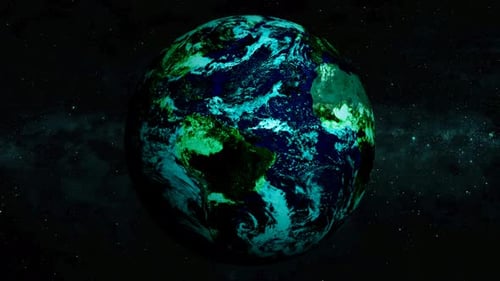 Terre réaliste en rotation sur fond spatial avec une boucle d'étoiles.