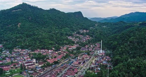 Sawahlunto, 09 May 2024, Aerial view of the panorama of the historic old city among the high hills
