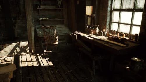 Sunlit Workshop Scene Bright Workshop Filled with Tools and Warm Glow