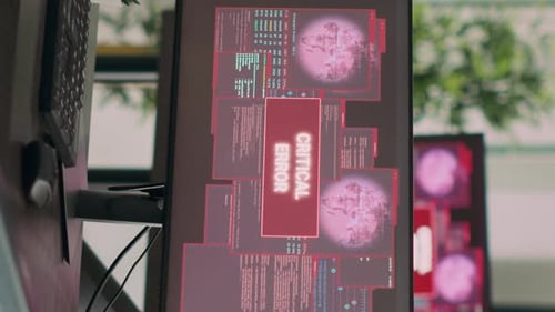 Vertical Video Empty It Office Desk with Multiple Computers Showing Security Breach Warning