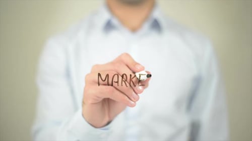 Market, Man Writing on Transparent Screen