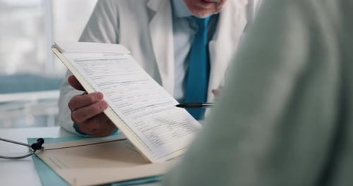 Doctor, patient and hands with contract for medical aid, life insurance or application in clinic