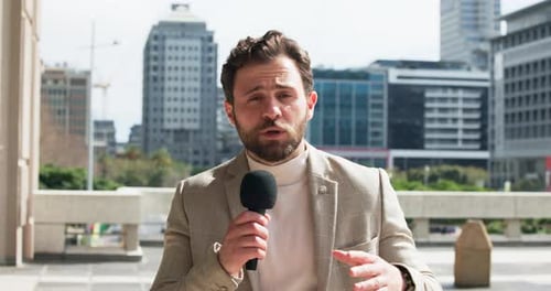 Man, face or anchor talking with mic in city for broadcast, breaking news or mass media reporter