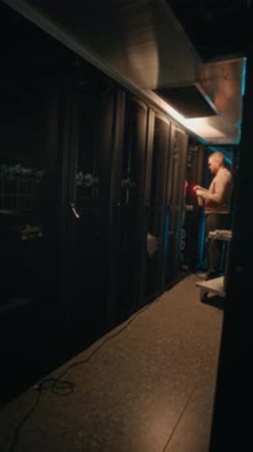 Technician Working in Dark Server Room