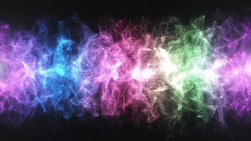 Grüne, blaue, lila, rosa Partikelwellenanimation mit Lanzeneffekten. Helles digitales Partikelanimat