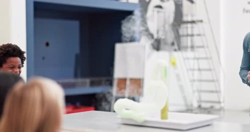 Chemistry, teacher and experiment in science classroom with excited children learning