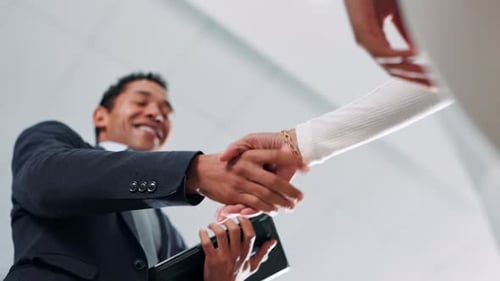 Handshake, greeting and business people in office for deal, negotiation or thank you