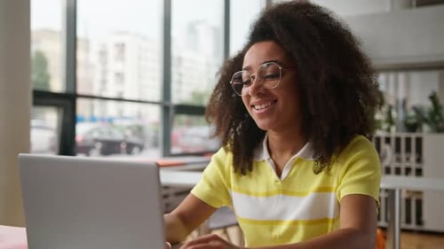 Happy African American Woman Female Student Girl in School University College Academy Close Laptop