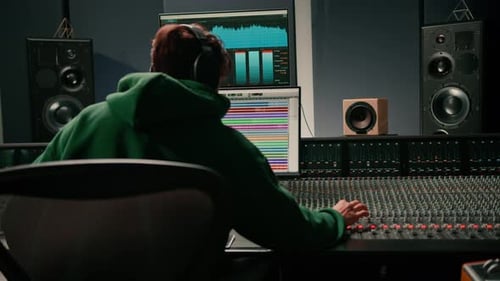 Energetic audio engineer producer working in recording studio mixing tracks on console and hit maker