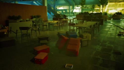 Abandoned Airport with Scattered Luggage and Dimly Lit Seating