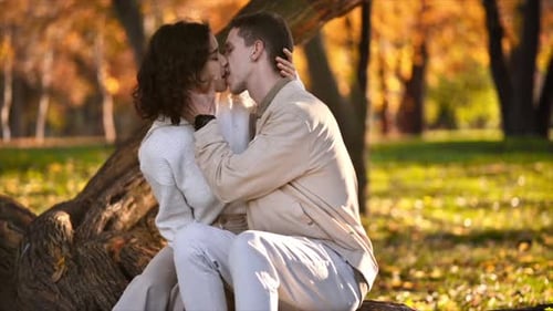 A romantic couple in an autumn park. Kissing each other. Autumn atmosphere, yellowed trees and leave