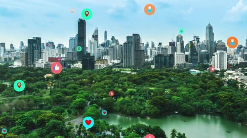 Social Media Icons Fly Over City Downtown Showing People Reciprocity Connection