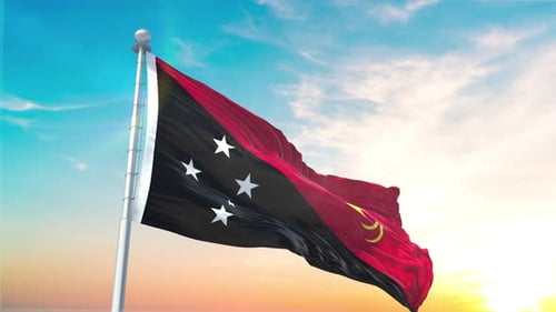 Papua New Guinea National Flag Waving Animation with Blue Sky Background