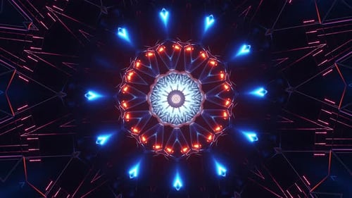 Colorful circular object with black background and red and blue lights. Kaleidoscope VJ loop