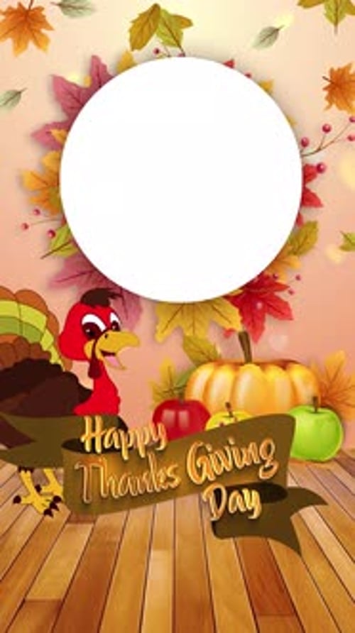 Happy Thanksgiving Day Celebration with Cartoon Turkey and Frame Reveal