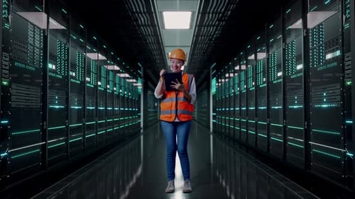 Full Body Of Asian Female Engineer Taking Note On The Tablet in Data Center