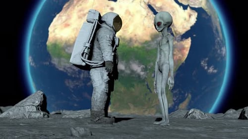 An Astronaut and a Gray Alien Stand Looking at